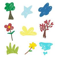 collection of children's hand drawn flowers and leaves vector