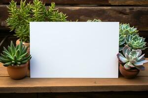 ai generado Bosquejo blanco blanco papel sábana con suculento en de madera fondo, modelo vacío tarjeta para diseño con Copiar espacio foto