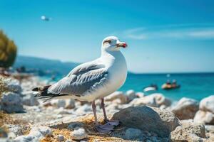 AI generated seagull sitting on rocks at sea on a sunny day photo