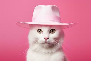 ai generado blanco gato en un ligero rosado sombrero en un vívido rosado antecedentes foto