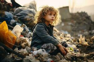 ai generado pequeño desaliñado Vagabundo niño sentado entre basura a un basura tugurio foto