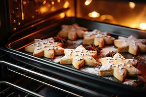 AI generated sweet tasty homemade christmas cookies baking in the oven photo