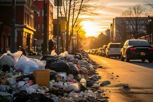 AI generated view of a city street littered with various piles of garbage photo