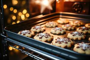 AI generated delicious homemade christmas cookies baking in the oven photo