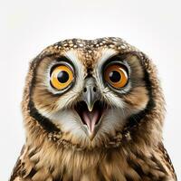 AI generated Close up portrait surprised owl with wide opened eyes isolated on white background photo