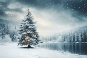 AI generated Spruce tree on the shore of a mountain lake covered with snow under the winter night sky photo