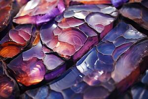 AI generated Close up of a pile of purple colorful bright gemstones with cracks photo