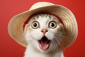 ai generado cerca arriba retrato de un sorprendido gato en un Paja sombrero en rojo antecedentes foto