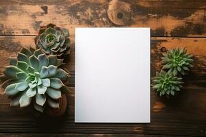 AI generated mockup white blank paper sheet with succulent top view on wooden background, template empty card flat lay for design with copy space photo