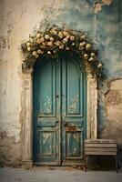 ai generado vertical imagen de antiguo desgastado azul de madera puerta con flores en un agrietado pared foto