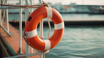 AI generated closeup orange inflatable lifebuoy on ship in sunny day photo