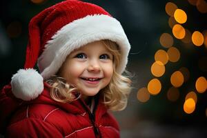 ai generado retrato de un pequeño niña vistiendo Papa Noel claus sombrero en un borroso bokeh antecedentes foto