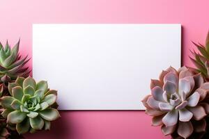 AI generated mockup white blank paper sheet with succulents top view on pink background, template empty card flat lay for design with copy space photo