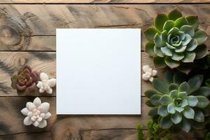 AI generated mockup white blank paper sheet with succulent top view on wooden background, template empty card flat lay for design with copy space photo