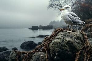 AI generated seagull on rocks at lake shore on a gloomy cloudy day photo