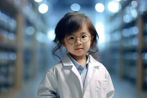 AI generated Young smiling Asian girl in a white laboratory coat and glasses against the backdrop of a glowing corridor of cabinets in a science laboratory photo