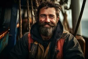 ai generado contento sonriente medio Envejecido marinero pescador en un en un borroso antecedentes de el cubierta de un antiguo Embarcacion foto