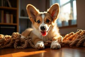 AI generated Close up portrait of a cute corgi lying on a blanket on the floor in a room photo