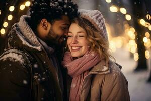 ai generado cerca arriba retrato de un multirracial Pareja en amor abrazando en un invierno parque en un borroso guirnalda antecedentes foto