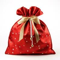 ai generado Navidad rojo Papa Noel claus regalo bolso con estrellas y marrón cinta aislado en blanco foto