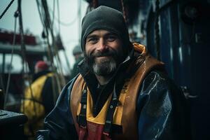 ai generado sonriente mayor marinero pescador en un sombrero y buceo traje en un borroso antecedentes de el cubierta de un antiguo Embarcacion foto