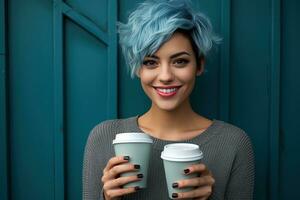 AI generated Young charming smiling Hispanic woman with short blue haircut holding two cardboard coffee cups photo