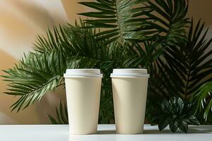 AI generated Two blank beige cardboard coffee cups on a green background of palm leaves. blank coffee cups mockup photo