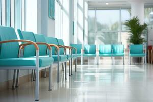 AI generated Hospital room with blue waiting chairs near large windows and a potted plant. Medical building room blurred background photo