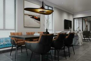 A modern apartment featured a dining area with Brown comfy chairs, a table, a chandelier, wall paint frame. photo