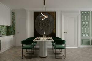 Neutral Dining room with green chairs and white table near the open kitchen photo