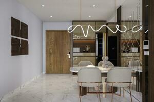 A classic chandelier hangs over the dining table against a mirrored wall, located near the entrance. photo