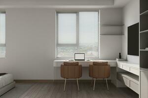 A wall-attached table with a laptop, tea cup, and books in front of the window along with chairs. photo