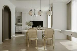 Photo delightful and bright dining area, exclusive chandelier over the table, sunlight.