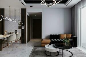 Black and brown combination couch sitting by the window paired with black and white marble coffee table. photo