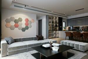 Photo delightful living space with a stylish sofa behind hexagon wall panel background.