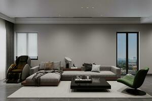 Open-space interior with luxurious modular sofa, Body massage, and armchair for living area. photo