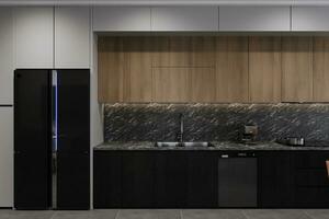 The modern kitchen interior with a black Fridge and island, and wooden cupboard. photo