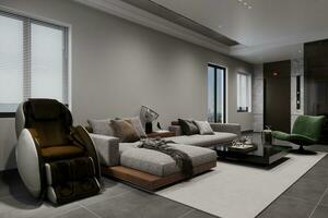 A modular sofa is placed in a spacious living room with an open interior, alongside a body massage chair. photo