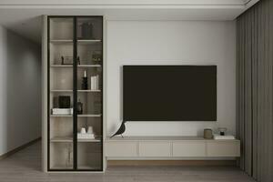 The living room has a minimalist interior with a wall display glass door cabinet beside the TV. photo