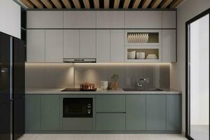 Modern interior design for a minimal Open kitchen with pop color and utensils. photo