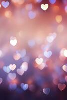 ai generado delicado corazones en Bokeh, conjunto en contra un soñador antecedentes de luces graciosamente borroso foto