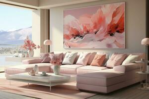 AI Generated In this stylish living room, the trendy peach color scheme adds a touch of warmth and fuzz photo