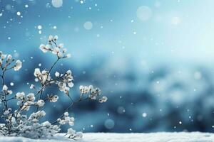 AI Generated A frosty winter background captures beauty of snow-covered branches and flowers photo