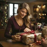 AI Generated In the warm glow of holiday lights, a woman with nimble fingers is skillfully packing a Christmas gift, adding a touch of festive charm to the joyful season of giving and sharing. photo