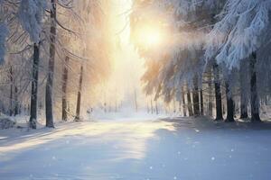 AI Generated a snowy forest adorned with sparkling snow, bathed in the gentle glow of sun rays. photo