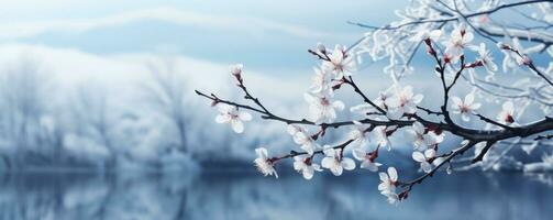 AI Generated A frosty winter background captures beauty of snow-covered branches and flowers photo