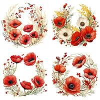 AI Generated watercolor poppies set of round frames, each intricately painted, adding a burst of floral elegance photo