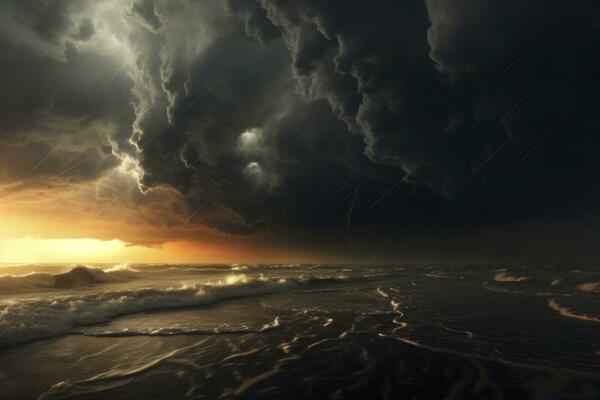 AI Generated drama of a thunderstorm and storm along the coast, power of nature with dramatic weather, turbulent waves