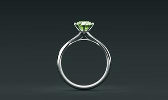 Silver Ring with Green Emerald Diamond Placed on Glossy Background 3D Rendering photo