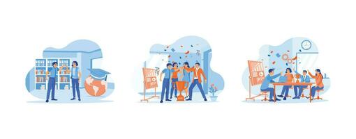 Success and happiness teamwork concept. Good collaboration results. Business team throwing confetti. Celebrating success due to good teamwork. set trend modern vector flat illustration